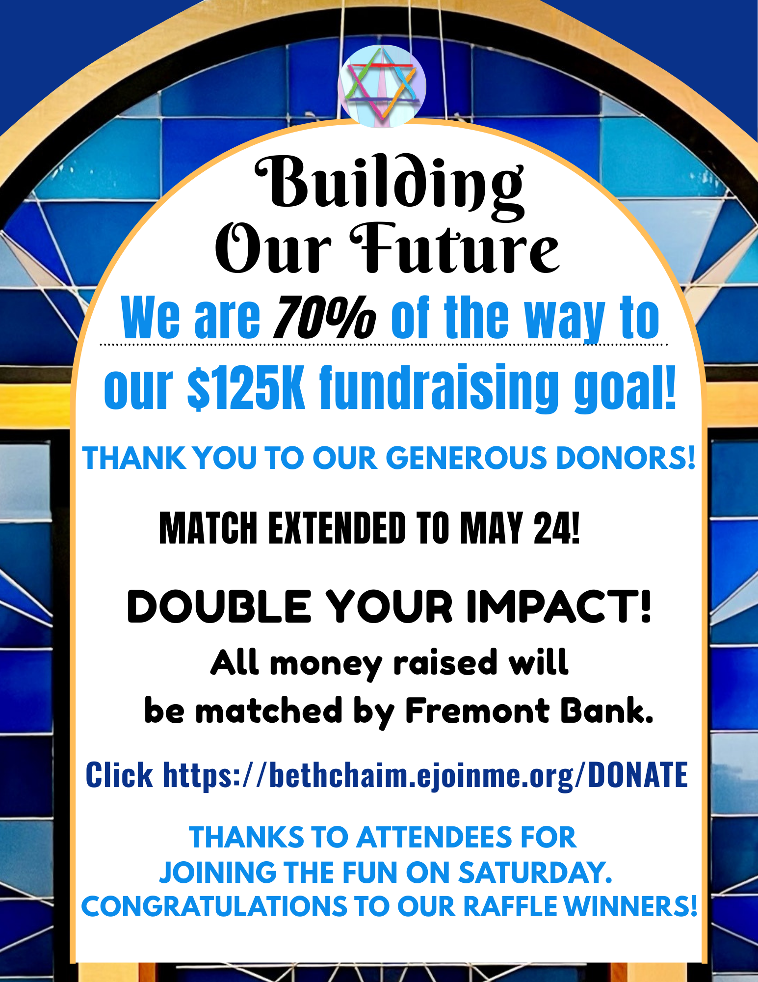 DONATE NOW to the Beth Chaim Building Fund. Click the image to Donate, Match extended to May 24!
